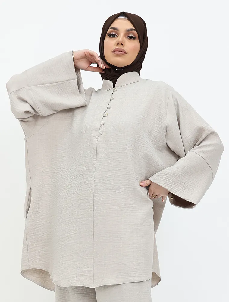 Stone Linen Feel Button Detail Co Ord Set